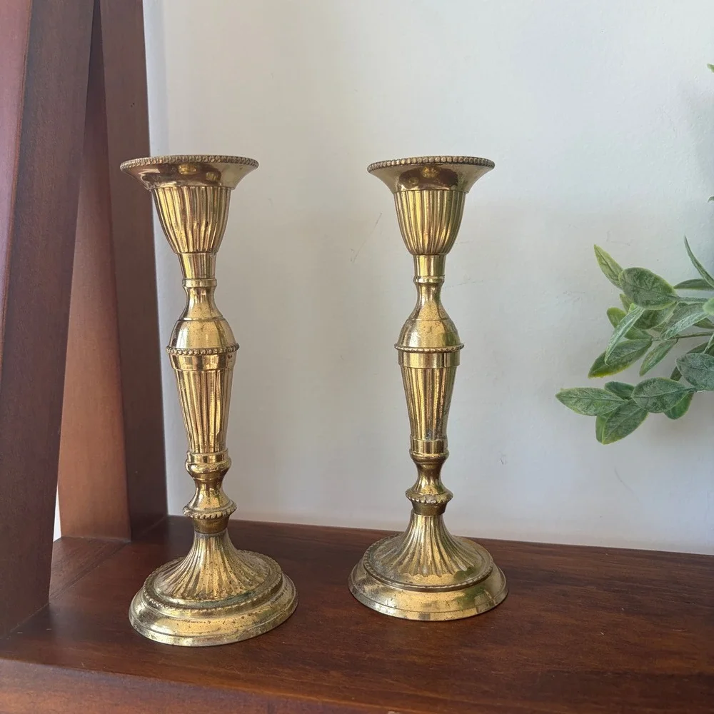 Hosley Solid Lacquered Brass Fluted Candlestick Holders Pair BS 5890 India 7.75